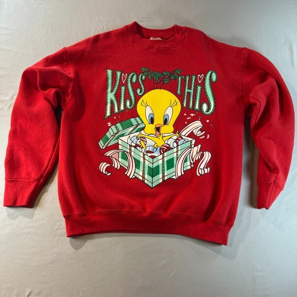 VTG 1997 Looney Tunes Tweety Kiss This Christmas Sweatshirt Red Large Warner Bro